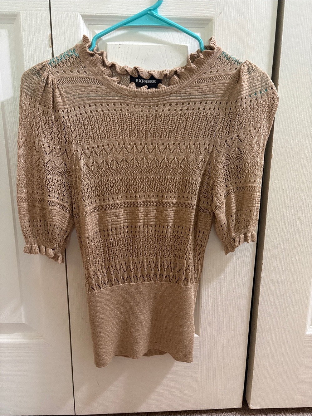 Express Beige Openwork Ruffle-Neck Short Sleeve Sweater never worn